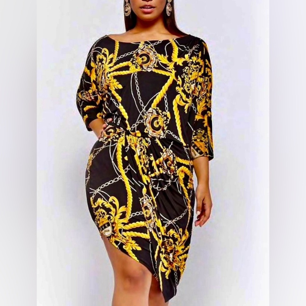 Cameo USA Women Black and Gold Chain Print Dress size XL
